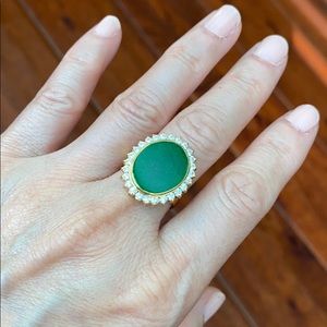 14K Solid Real Gold Oval Green Jade Women Ring